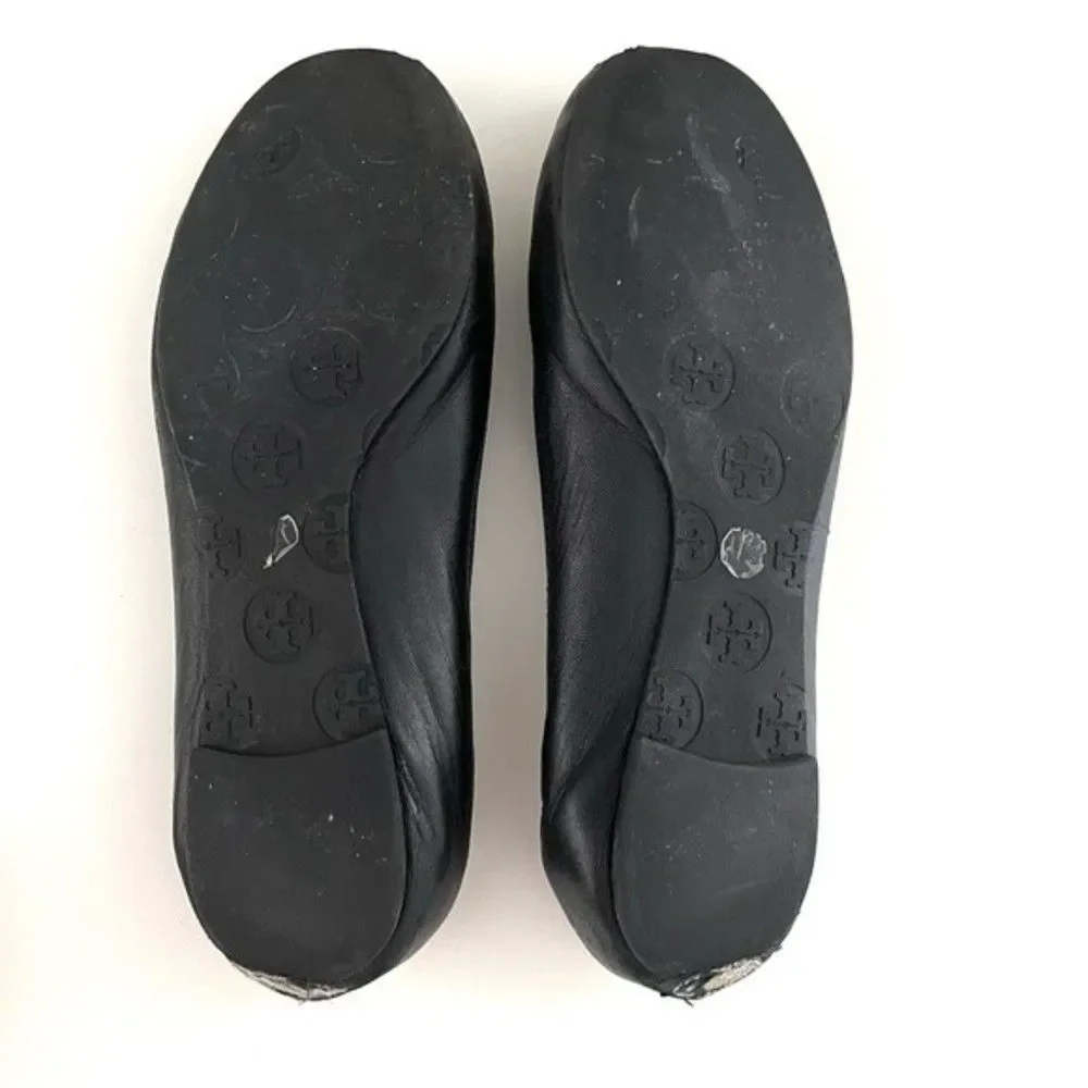 Tory Burch Black Reva Ballet Flat with Gold Emblem, Size 7